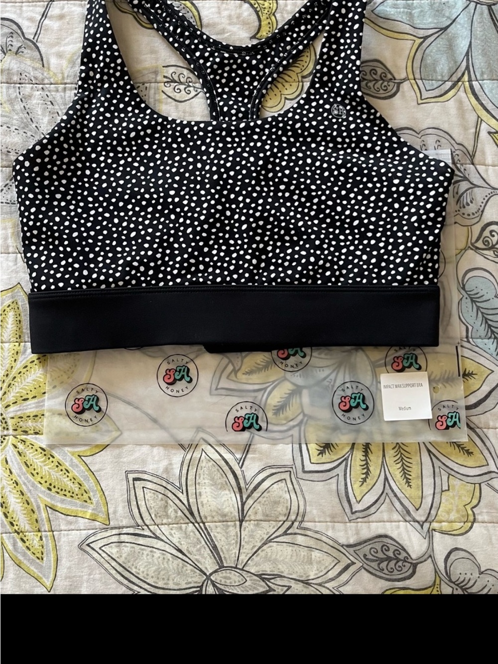 Black and White Polka Dot Racerback Sports Bra - Medium